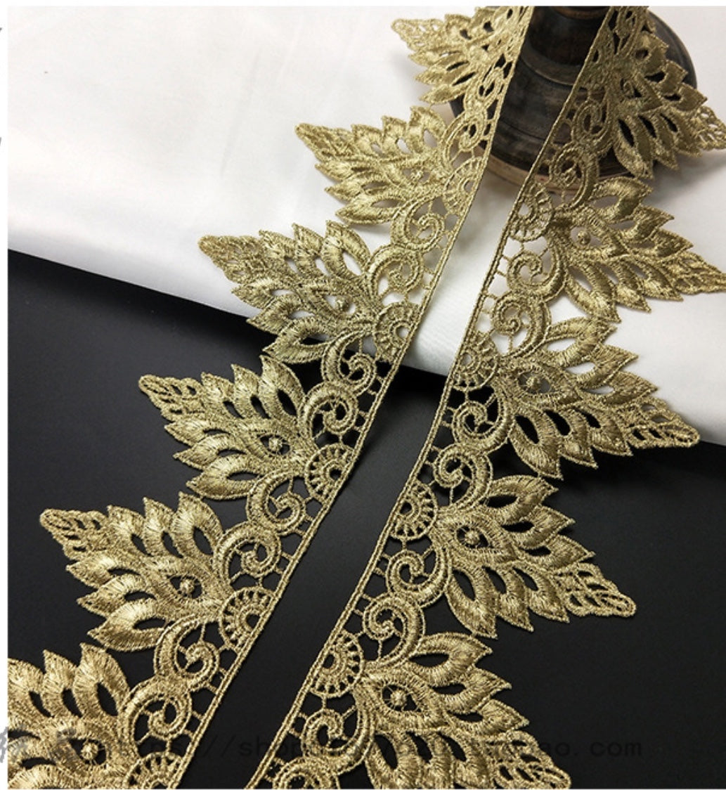 Gold embroidered trim by yard, 7.7cm/3 inches wide