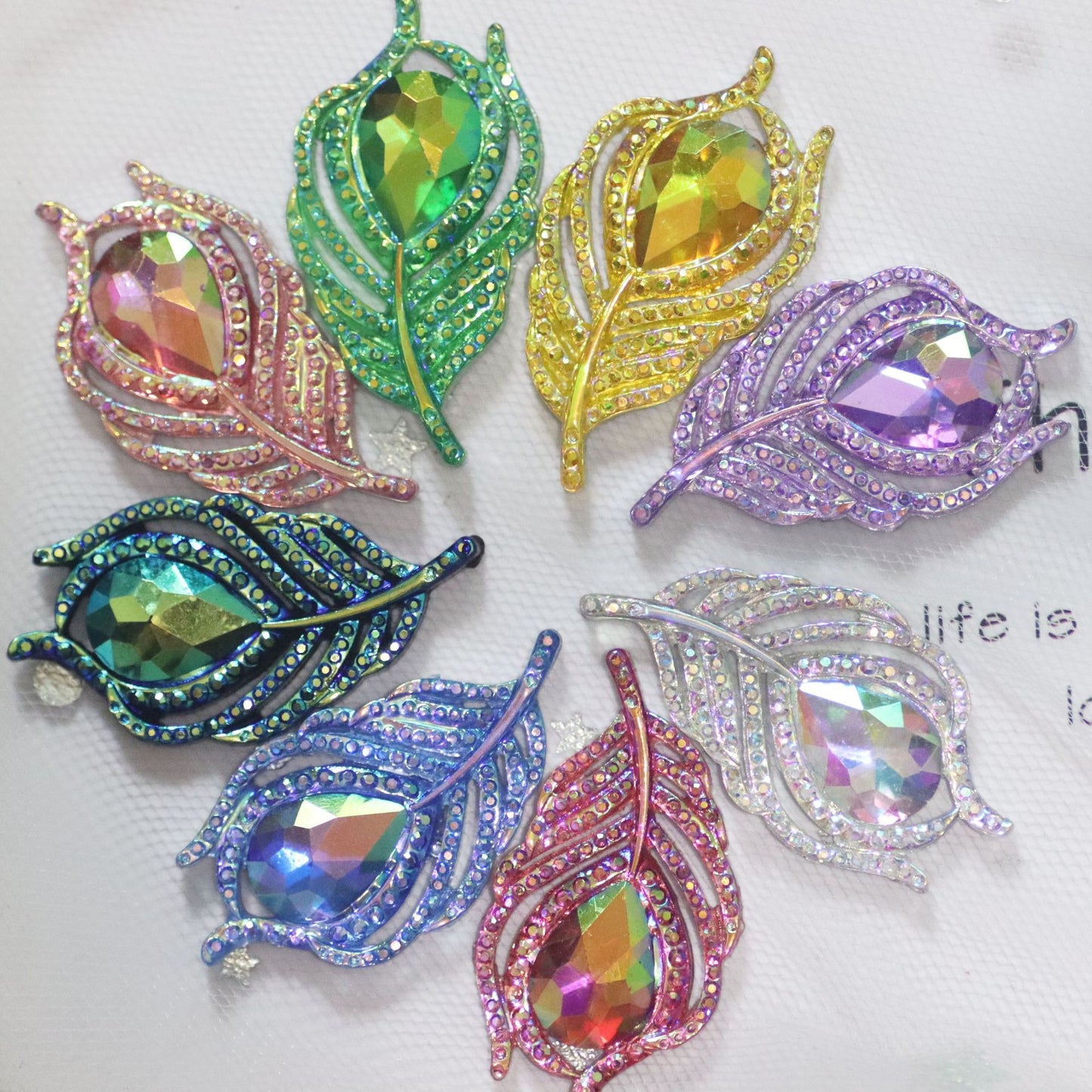 Iridescent Flat-back Acrylic Resin rhinestone in feather shape