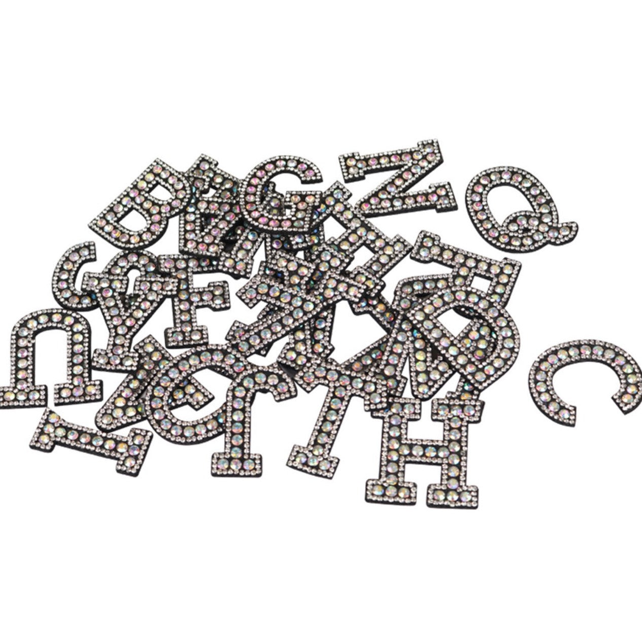 Alphabet Rhinestone Letters with and AB Rhinestone and Black background, Iron On