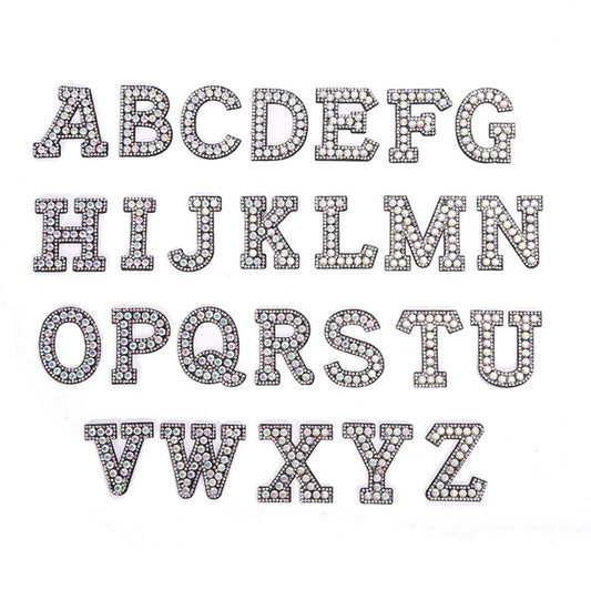 Alphabet Rhinestone Letters with and AB Rhinestone and Black background, Iron On