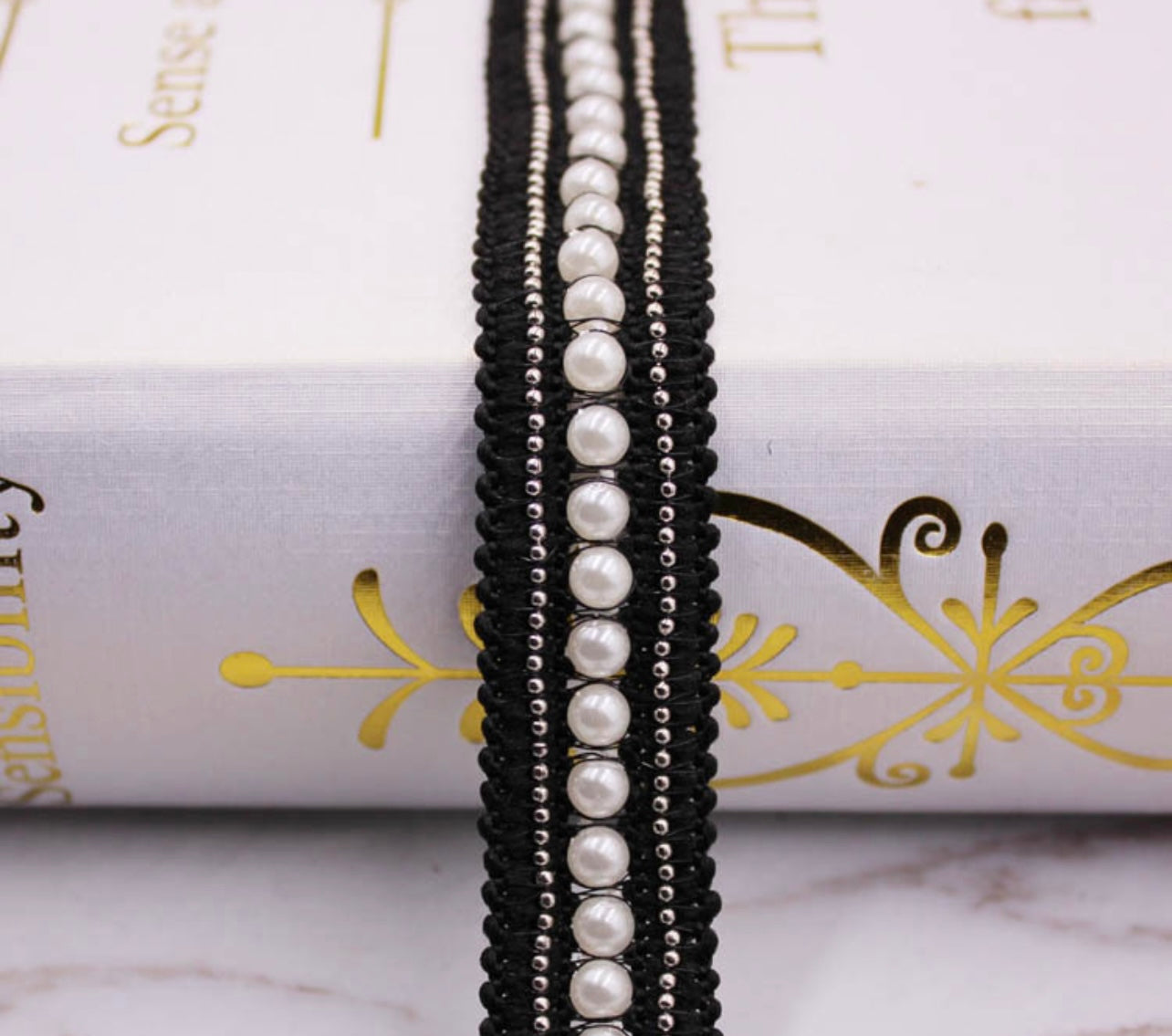 White Pearl/Silver Beaded Trim